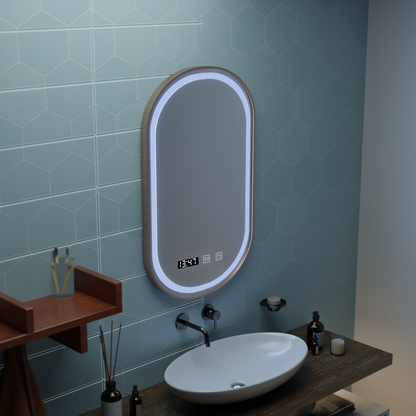 Konrad LED Touch Specchio Disappannante, Orologio e Temperatura 50x80 cm Cornice Oro Spazzolato, Luce Calda Neutra Fredda 3000K/4000K/6000K Specchi Korman S Titolo predefinito Alessandro Design