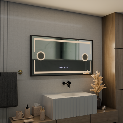 Specchio LED MotionGlow Sensore Domingo con funzione antiappannante Termometro Orologio 120x65 cm Dimmerabile Luce Fredda/Calda/Neutra, Cornice Nera Spazzolata, collezione Marcello Funghi Marcello Specchi Titolo predefinito Alessandro Design