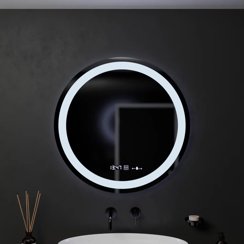 Specchio rotondo a LED, 60 cm, Celeste MotionGlow Marcello, sistema antiappannamento, orologio e termometro, dimmerabile, luce calda neutra fredda 3000K/4000K/6000K Marcello Mirrors Titolo predefinito Alessandro Design