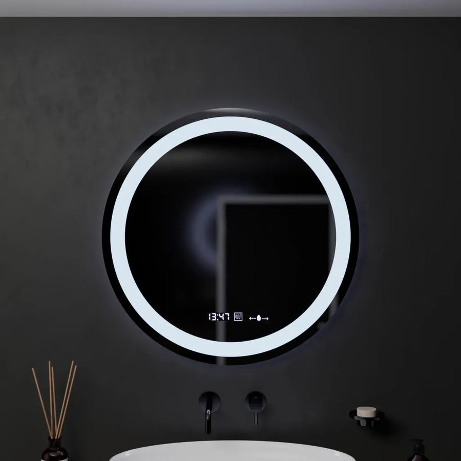 Specchio rotondo a LED, 60 cm, Celeste MotionGlow Marcello, sistema antiappannamento, orologio e termometro, dimmerabile, luce calda neutra fredda 3000K/4000K/6000K Marcello Mirrors Titolo predefinito Alessandro Design