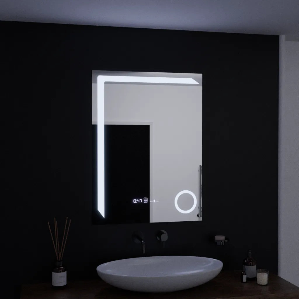Specchio rettangolare a LED, 60x80 cm, Precision MotionGlow Marcello, sistema antiappannamento, orologio e termometro, lente d'ingrandimento cosmetica, specchi dimmerabili Marcello Titolo predefinito Alessandro Design