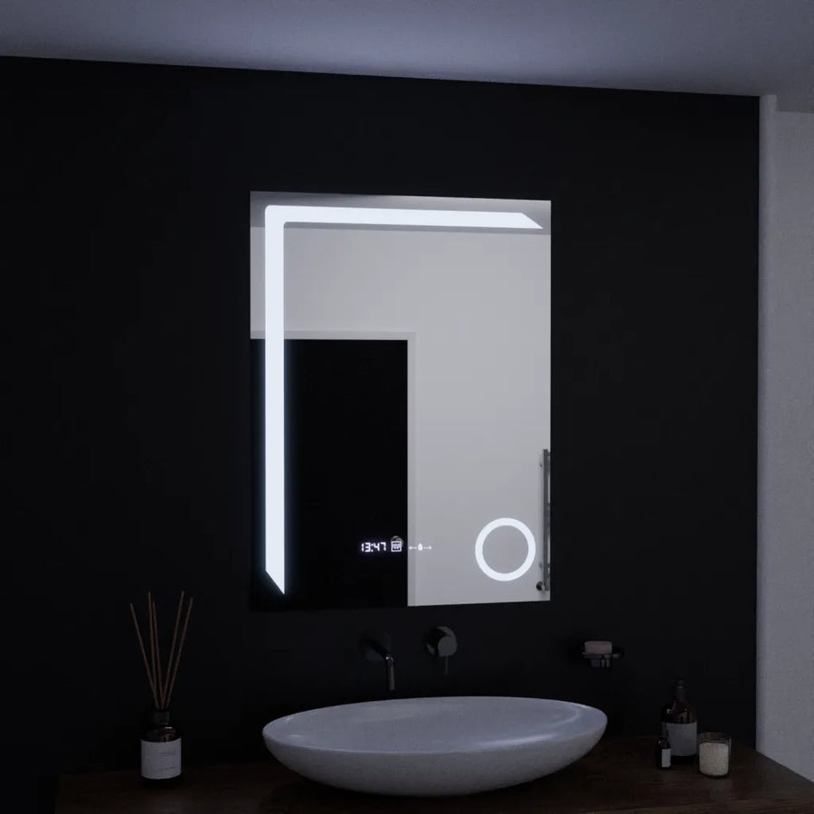 Specchio rettangolare a LED, 60x80 cm, Precision MotionGlow Marcello, sistema antiappannamento, orologio e termometro, lente d'ingrandimento cosmetica, specchi dimmerabili Marcello Titolo predefinito Alessandro Design
