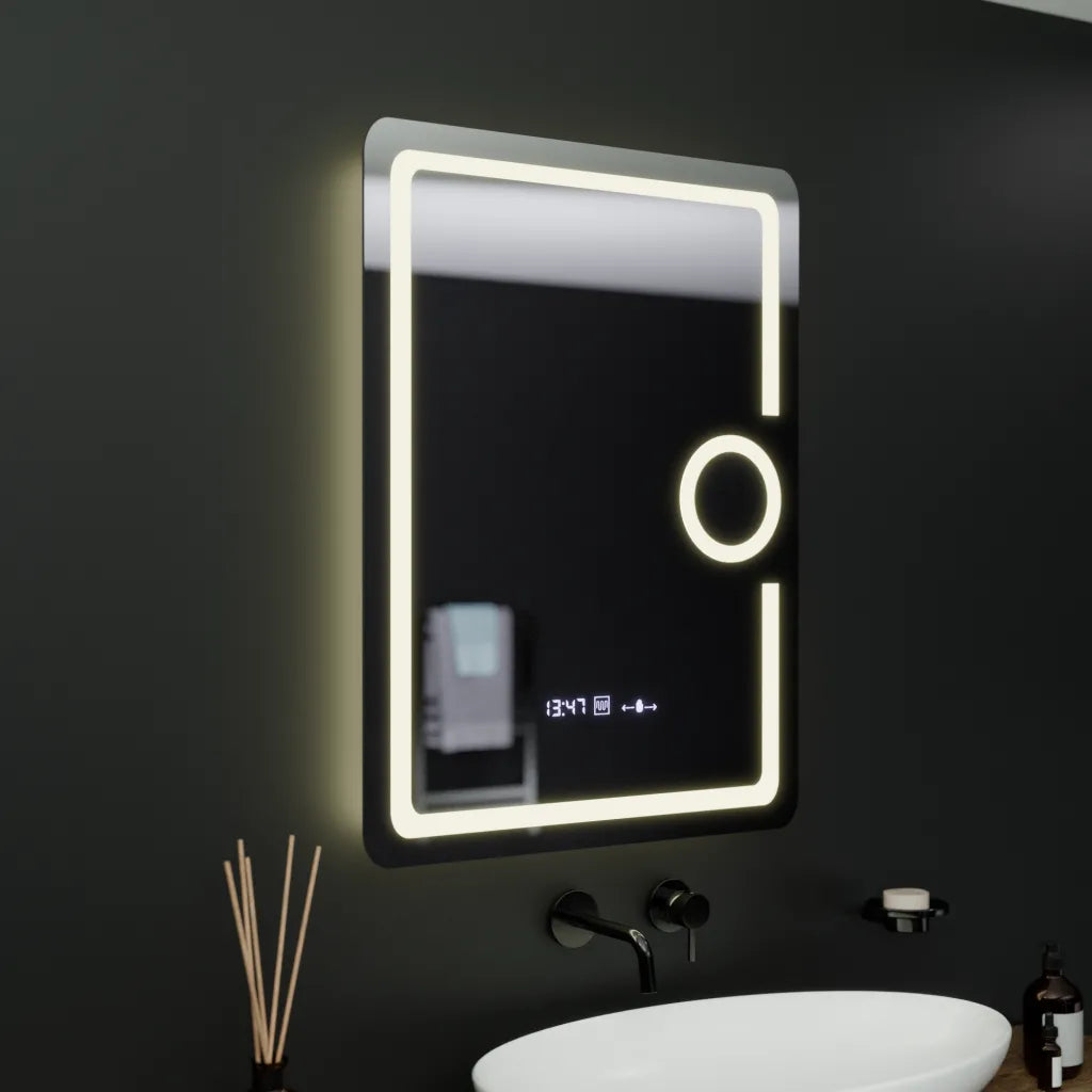 Specchio rettangolare a LED, 60x80 cm, Eclat MotionGlow Marcello, Orologio e Termometro, Sistema Demister, Lente d'ingrandimento cosmetica, Specchi Dimabila Marcello Titolo predefinito Alessandro Design