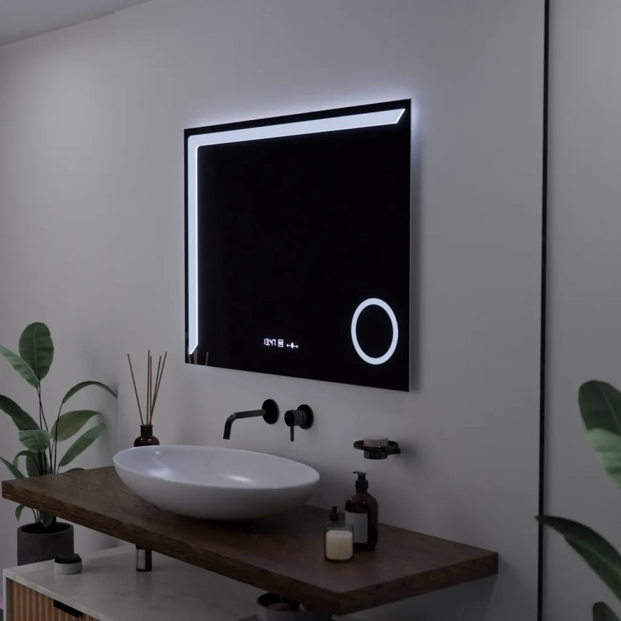 Specchio rettangolare a LED, 80x60 cm, Precision MotionGlow Marcello, sistema antiappannamento, orologio e termometro, lente d'ingrandimento cosmetica, specchi Marcello dimmerabili Titolo predefinito Alessandro Design