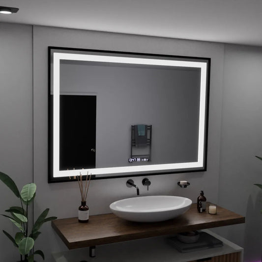 Specchio rettangolare a LED, 100x65 cm, Verite Majeste Noir Motion Glow Marcello, sistema antiappannamento, orologio e termometro, specchi dimmerabili Marcello Titolo predefinito Alessandro Design