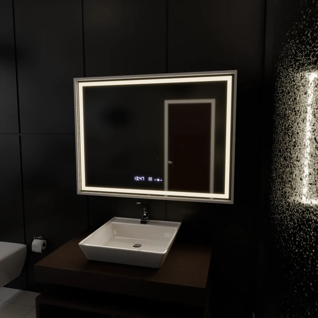Specchio rettangolare a LED, 80x60 cm, Verite Imperial Silver Motion Glow Marcello, sistema antiappannamento, orologio e termometro, specchi dimmerabili Marcello Titolo predefinito Alessandro Design