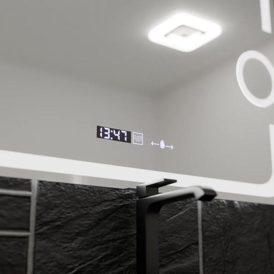 Specchio rettangolare a LED, 80x60 cm, Eclat MotionGlow Marcello, sistema antiappannamento, orologio e termometro, lente d'ingrandimento cosmetica, specchi Marcello dimmerabili Titolo predefinito Alessandro Design