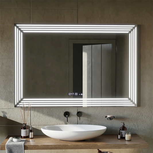 Specchio LED rettangolare, 120x80 cm, Venezia Sensor MotionGlow Marcello, Sistema Demister, Orologio e Termometro, Dimmerabile