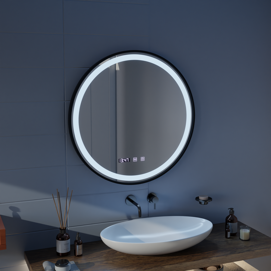 Specchio Touch LED NOVARA Sistema Antiappannamento, Orologio e Temperatura 50 cm Cornice Nera Specchi Spazzolati Korman S Titolo predefinito Alessandro Design