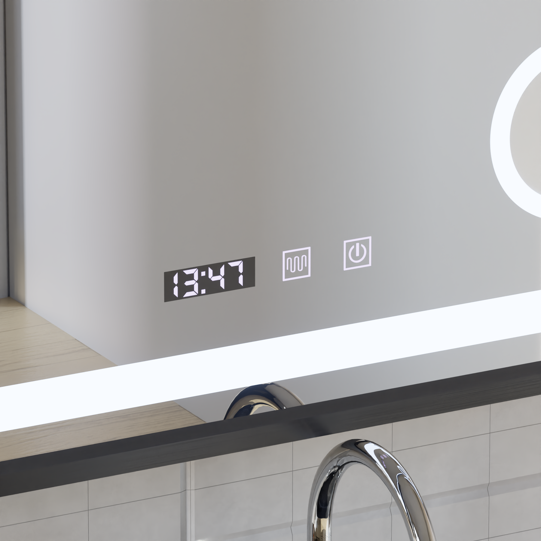 Specchio LED Touch Bernd Sistema antiappannamento, orologio e temperatura 80x60 cm Cornice nera Specchi ingranditori cosmetici spazzolati Korman S Titolo predefinito Alessandro Design