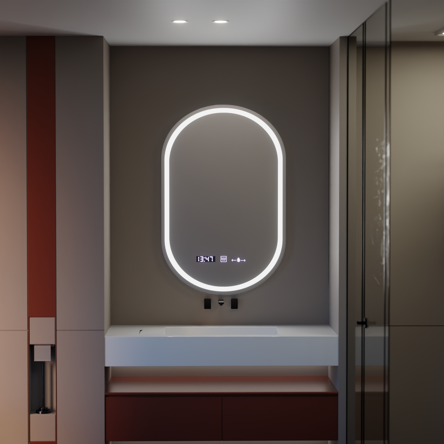 Specchio ovale a LED, 50x80 cm, Eminence MotionGlow Marcello, sistema di disappannamento, orologio e termometro, specchi dimmerabili Marcello Titolo predefinito Alessandro Design