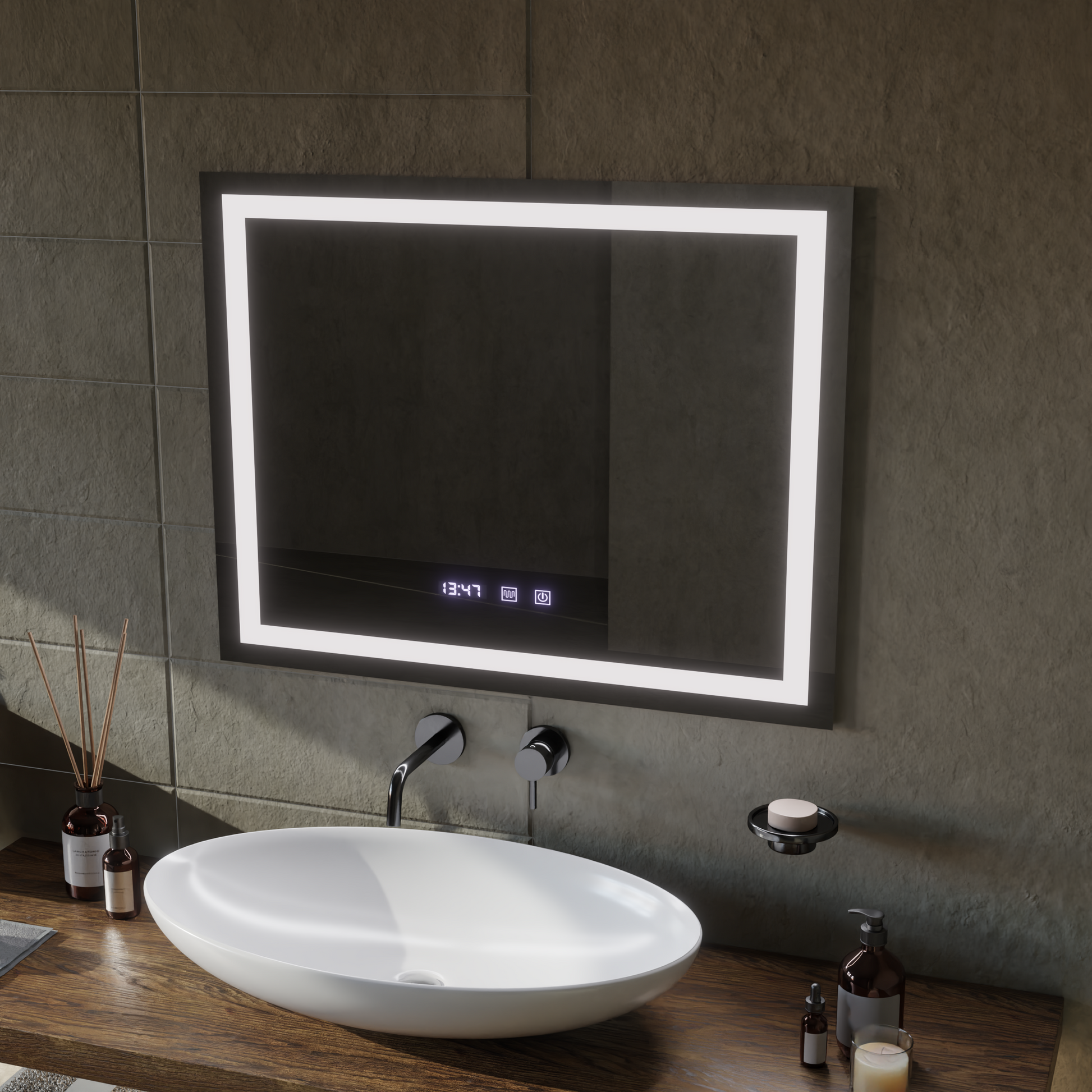 LED Touch MODENA Specchio Sistema Disappannante, Orologio e Temperatura 80x60 cm Specchi Korman S Titolo predefinito Alessandro Design