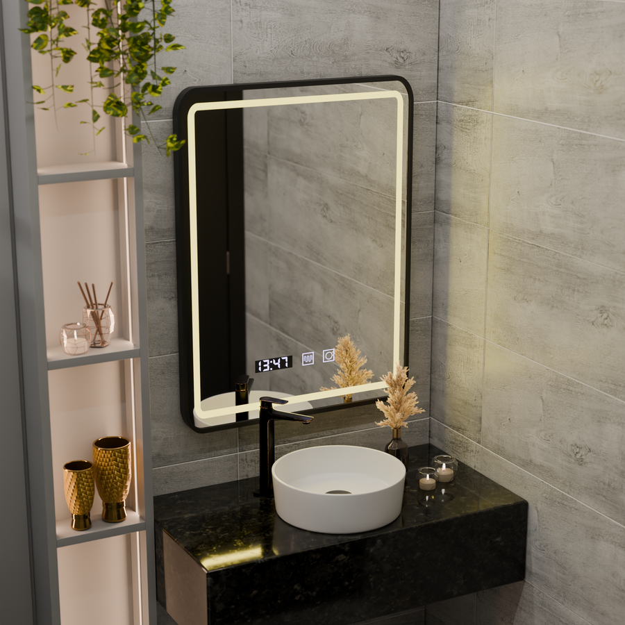 Specchio LED Touch LUCIDA Sistema Disappannante, Orologio e Temperatura Cornice 50x70 cm Specchi Nero Spazzolato Korman S Titolo predefinito Alessandro Design