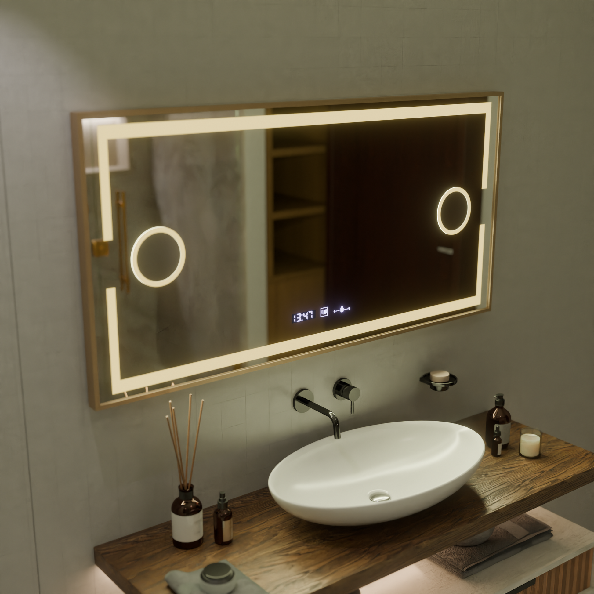 Specchio LED MotionGlow Sofia sensore con funzione antiappannamento Termometro Orologio 110x65 cm Luce Calda/Fredda/Neutra Dimmerabile, Cornice Oro Rosa, Collezione Marcello Funghi Marcello Specchi Titolo predefinito Alessandro Design