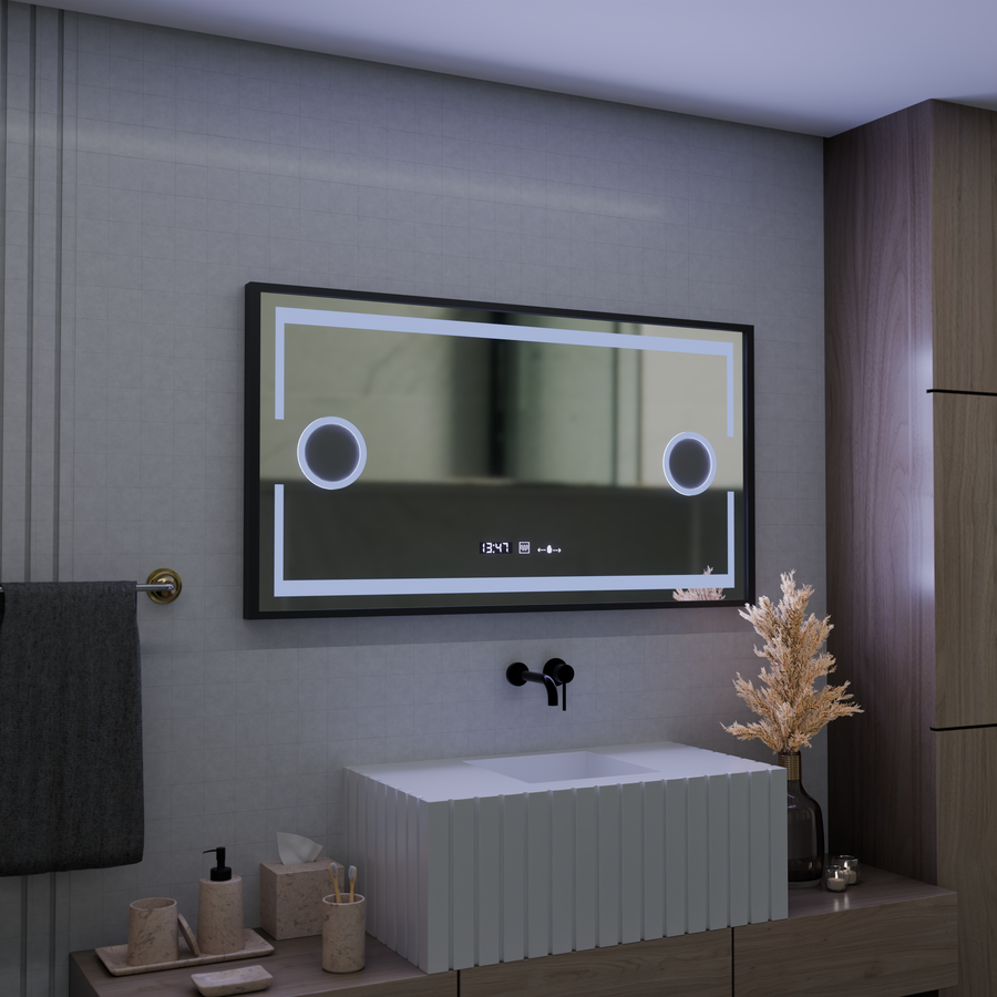 Specchio LED MotionGlow Sensore Domingo con funzione antiappannante Termometro Orologio 120x65 cm Dimmerabile Luce Fredda/Calda/Neutra, Cornice Nera Spazzolata, collezione Marcello Funghi Marcello Specchi Titolo predefinito Alessandro Design
