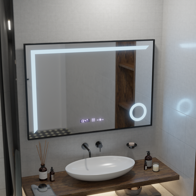 Specchio LED Sensore MotionGlow Sofia con funzione Defog Termometro Orologio 110x75 cm Luce Calda/Fredda/Neutra Dimmerabile, Cornice Nera Spazzolata, Collezione Marcello Funghi