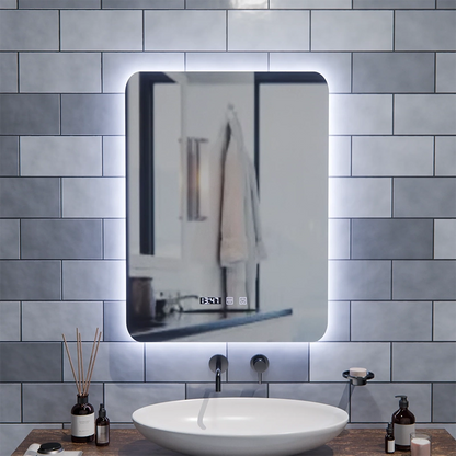 ARTAR Touch Specchio LED Rettangolare, 60X80cm, Sistema Disappannante, Dimmerabile, Orologio e Temperatura, Luce Calda Neutra Fredda 3000K/4000K/6000K