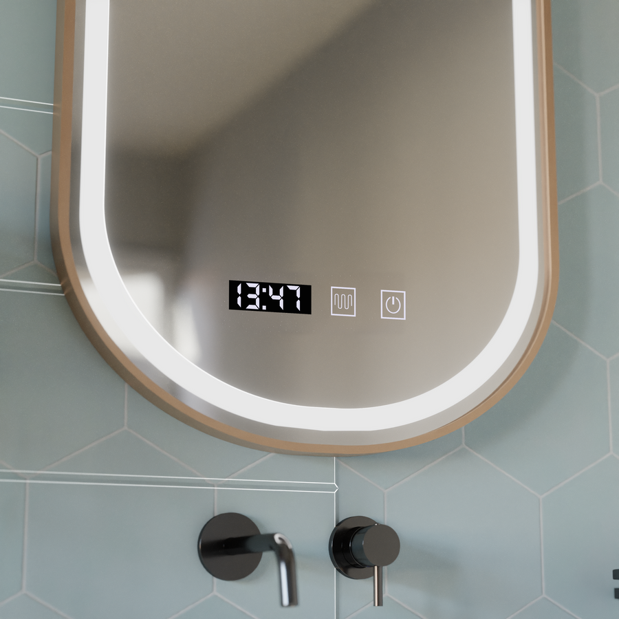 Konrad LED Touch Specchio Disappannante, Orologio e Temperatura 50x80 cm Cornice Oro Spazzolato, Luce Calda Neutra Fredda 3000K/4000K/6000K Specchi Korman S Titolo predefinito Alessandro Design
