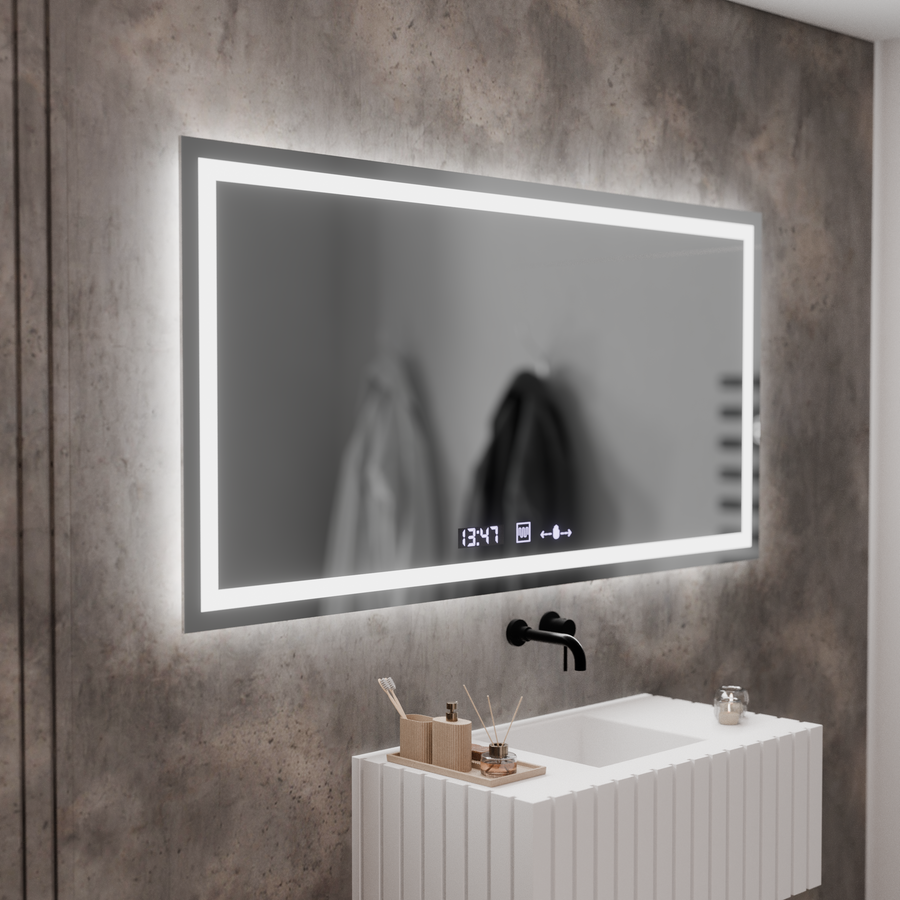 Specchio LED rettangolare, 120x60cm, Verite MotionGlow Marcello, Sistema di disappannamento, Orologio e Termometro, Specchi Dimmerabili Marcello Titolo predefinito Alessandro Design