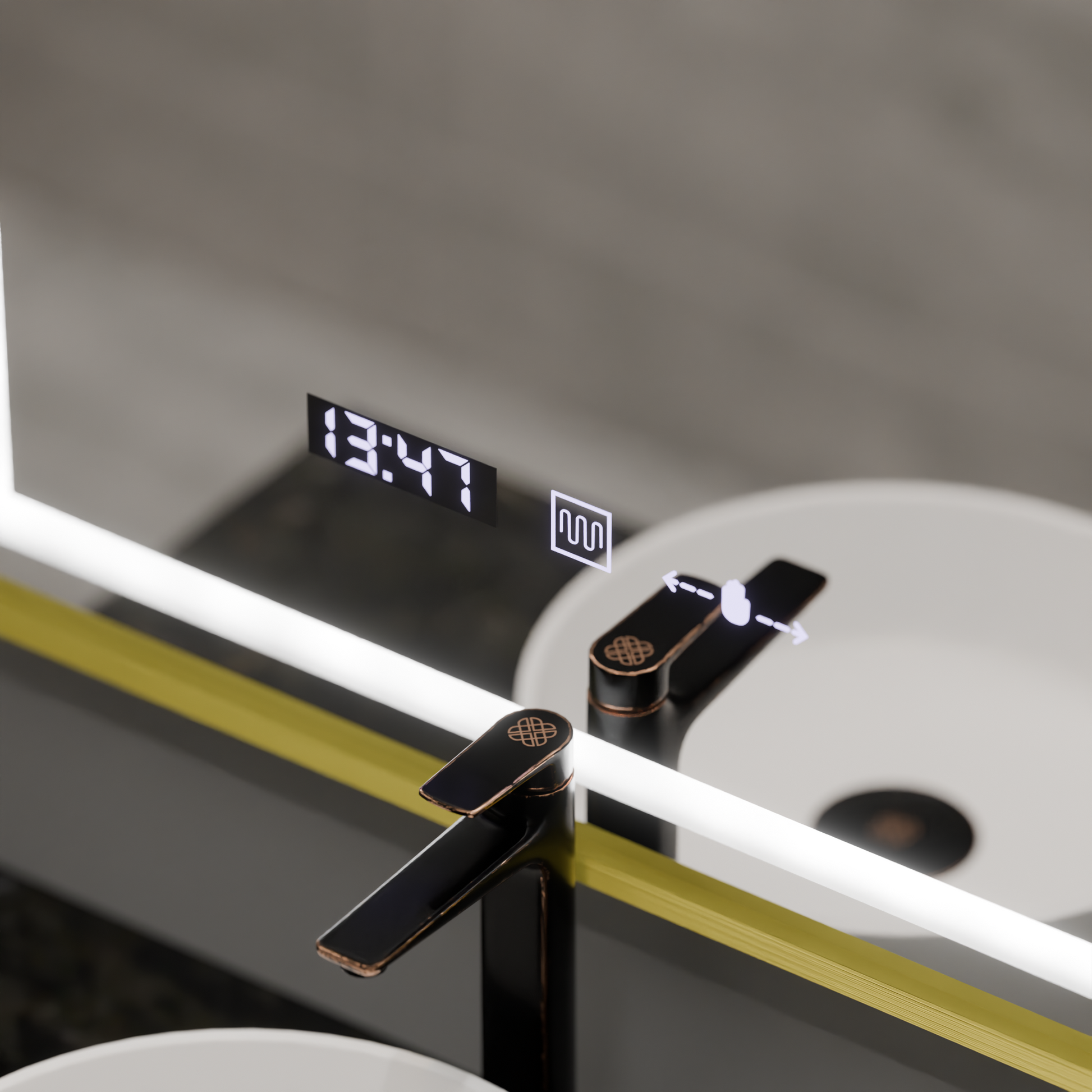 Specchio rettangolare a LED, 75x90 cm, Verite Royale Gold MotionGlow Marcello, sistema antiappannamento, orologio e termometro, specchi dimmerabili Marcello Titolo predefinito Alessandro Design