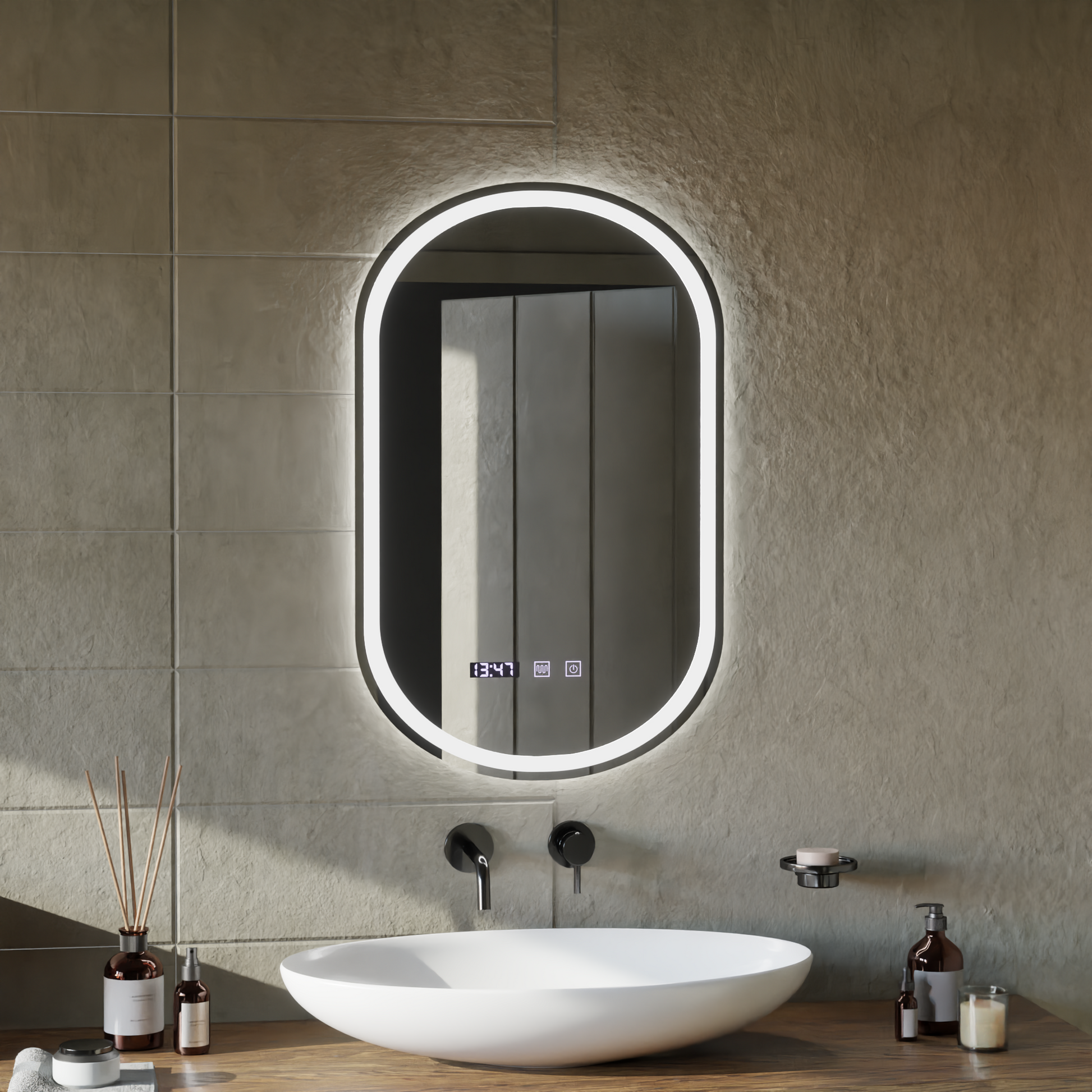 Specchio LED Touch ONIRA Sistema Defog, Orologio e Temperatura 50x80 cm Specchi Korman S Titolo predefinito Alessandro Design