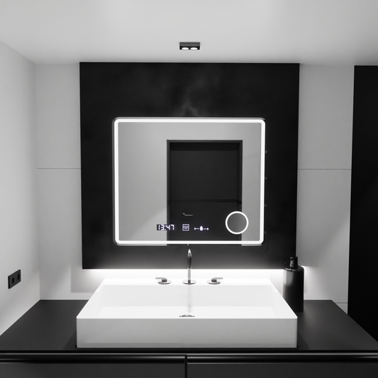 Specchio rettangolare a LED, 80x60 cm, Riflesso MotionGlow Marcello, sistema antiappannamento, orologio e termometro, lente d'ingrandimento cosmetica, Specchi Marcello dimmerabili Titolo predefinito Alessandro Design