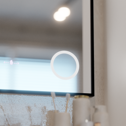 Specchio LED MotionGlow Sofia sensore con funzione antiappannante Termometro Orologio 110x75 cm Dimmerabile Luce Calda/Fredda/Neutra, Cornice Nera Spazzolata, Collezione Marcello Funghi Marcello Specchi Titolo predefinito Alessandro Design