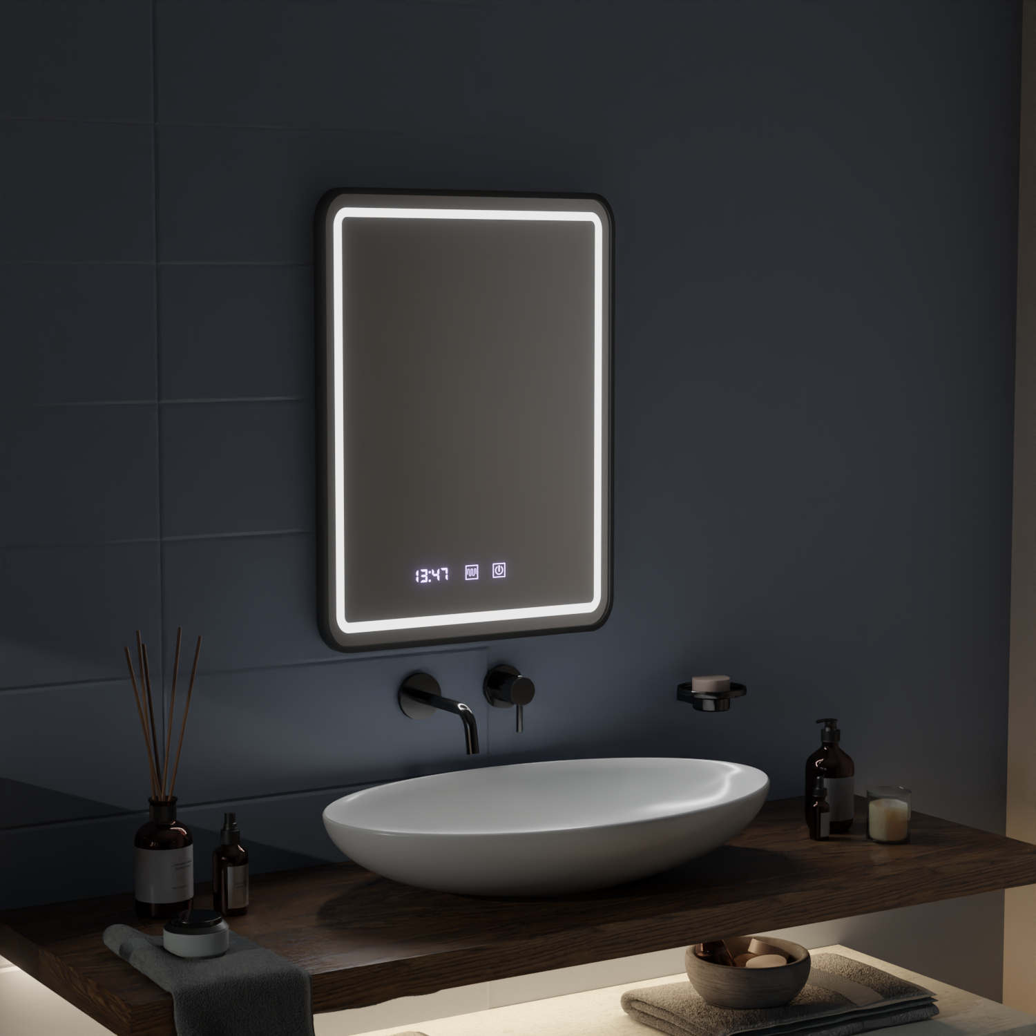 Specchio LED Touch LUCIDA Sistema Disappannante, Orologio e Temperatura Cornice 60x80 cm Specchi Nero Spazzolato Korman S Titolo predefinito Alessandro Design