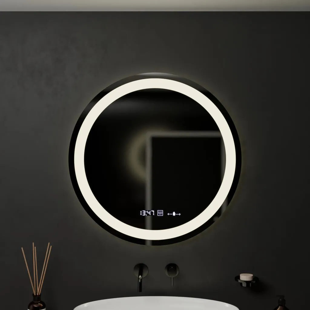 Specchio rotondo a LED, 60 cm, Celeste MotionGlow Marcello, sistema antiappannamento, orologio e termometro, dimmerabile, luce calda neutra fredda 3000K/4000K/6000K Marcello Mirrors Titolo predefinito Alessandro Design