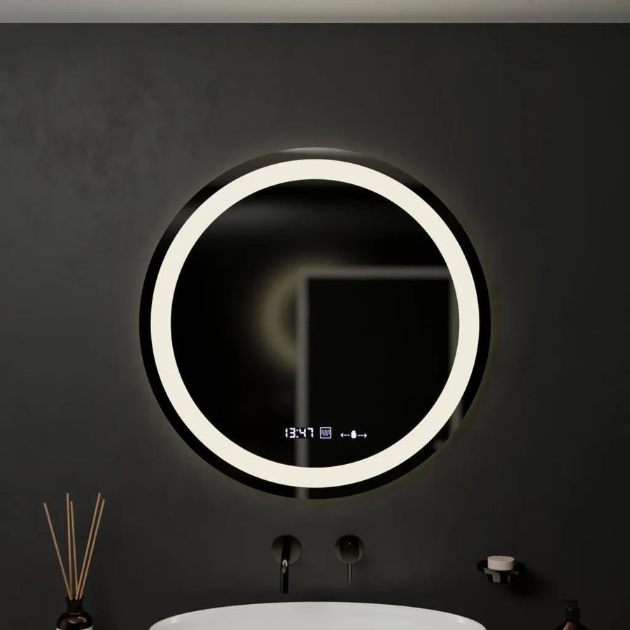 Specchio rotondo a LED, 60 cm, Celeste MotionGlow Marcello, sistema antiappannamento, orologio e termometro, dimmerabile, luce calda neutra fredda 3000K/4000K/6000K Marcello Mirrors Titolo predefinito Alessandro Design