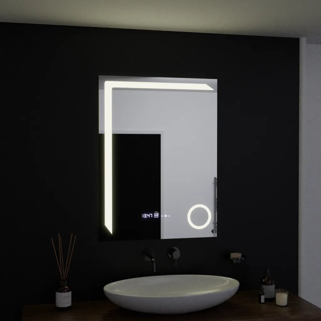 Specchio rettangolare a LED, 60x80 cm, Precision MotionGlow Marcello, sistema antiappannamento, orologio e termometro, lente d'ingrandimento cosmetica, specchi dimmerabili Marcello Titolo predefinito Alessandro Design