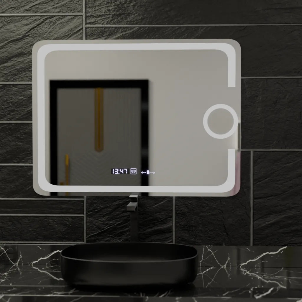 Specchio rettangolare a LED, 80x60 cm, Eclat MotionGlow Marcello, sistema antiappannamento, orologio e termometro, lente d'ingrandimento cosmetica, specchi Marcello dimmerabili Titolo predefinito Alessandro Design