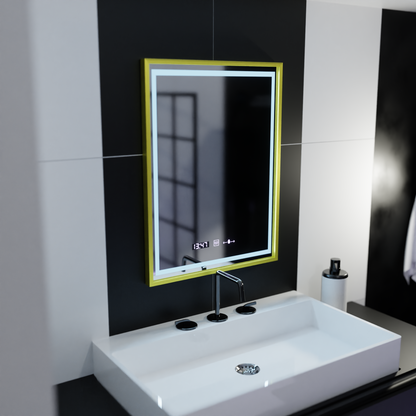 Specchio rettangolare a LED, 50x70 cm, Verite Royale Gold Motion Glow Marcello, sistema antiappannamento, orologio e termometro, specchi dimmerabili Marcello Titolo predefinito Alessandro Design
