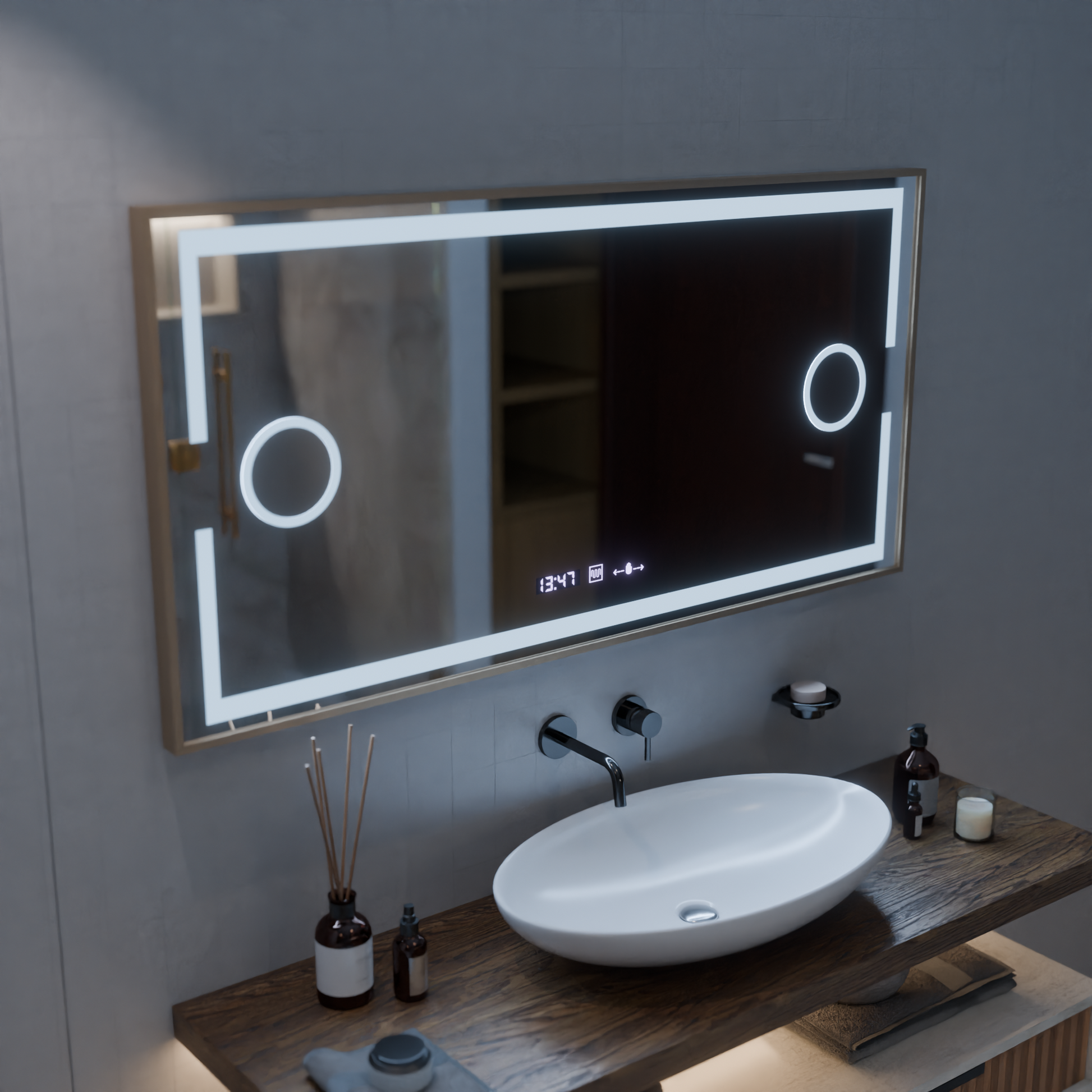 Specchio LED MotionGlow Sofia sensore con funzione antiappannamento Termometro Orologio 110x65 cm Luce Calda/Fredda/Neutra Dimmerabile, Cornice Oro Rosa, Collezione Marcello Funghi Marcello Specchi Titolo predefinito Alessandro Design