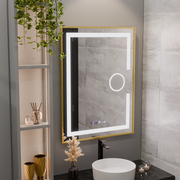 Specchio rettangolare a LED, 60x80 cm, Eclat MotionGlow Marcello, sistema antiappannamento, orologio e termometro, lente d'ingrandimento cosmetica, dimmerabile, cornice oro spazzolato