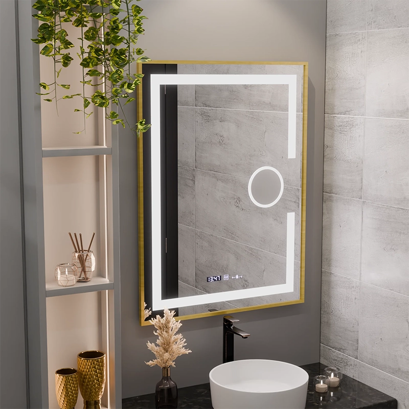 Specchio rettangolare a LED, 60x80 cm, Eclat MotionGlow Marcello, sistema antiappannamento, orologio e termometro, lente d'ingrandimento cosmetica, dimmerabile, cornice oro spazzolato