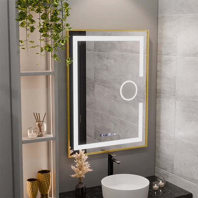 Specchio rettangolare a LED, 60x80 cm, Eclat MotionGlow Marcello, sistema antiappannamento, orologio e termometro, lente d'ingrandimento cosmetica, dimmerabile, cornice oro spazzolato