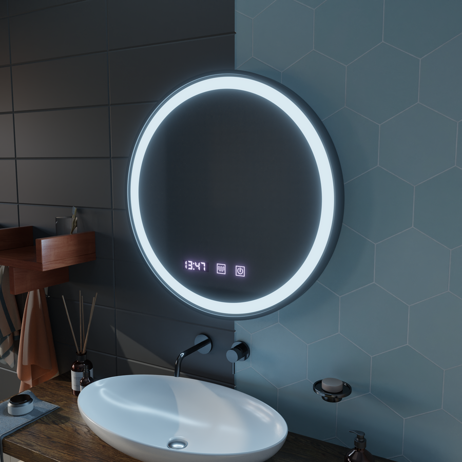 Specchio LED Touch NOVARA Sistema Demister, Orologio e Temperatura 90 cm Cornice Nera Specchi Spazzolati Korman S Titolo predefinito Alessandro Design