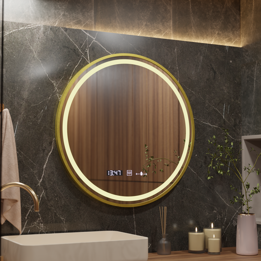 Specchio rotondo a LED, 80 cm, Celeste Royale Gold MotionGlow Marcello, sistema antiappannamento, orologio e termometro, specchi dimmerabili Marcello Titolo predefinito Alessandro Design