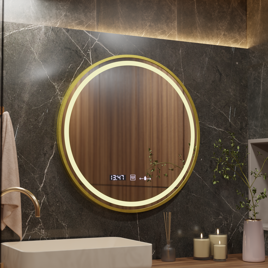 Oglinda LED Rotunda, 80cm, Celeste Royale Gold MotionGlow Marcello, Sistem Dezaburire, Ceas & Termometru, Dimabila Oglinzi Marcello Default Title Alessandro Design