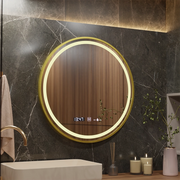 Specchio rotondo a LED, 70 cm, Celeste Royale Gold MotionGlow Marcello, sistema antiappannamento, orologio e termometro, dimmerabile