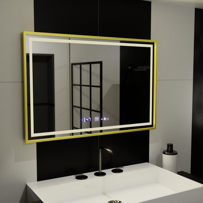 Specchio rettangolare a LED, 100x65 cm, Verite Royale Gold Motion Glow Marcello, sistema di disappannamento, orologio e termometro, specchi dimmerabili Marcello Titolo predefinito Alessandro Design