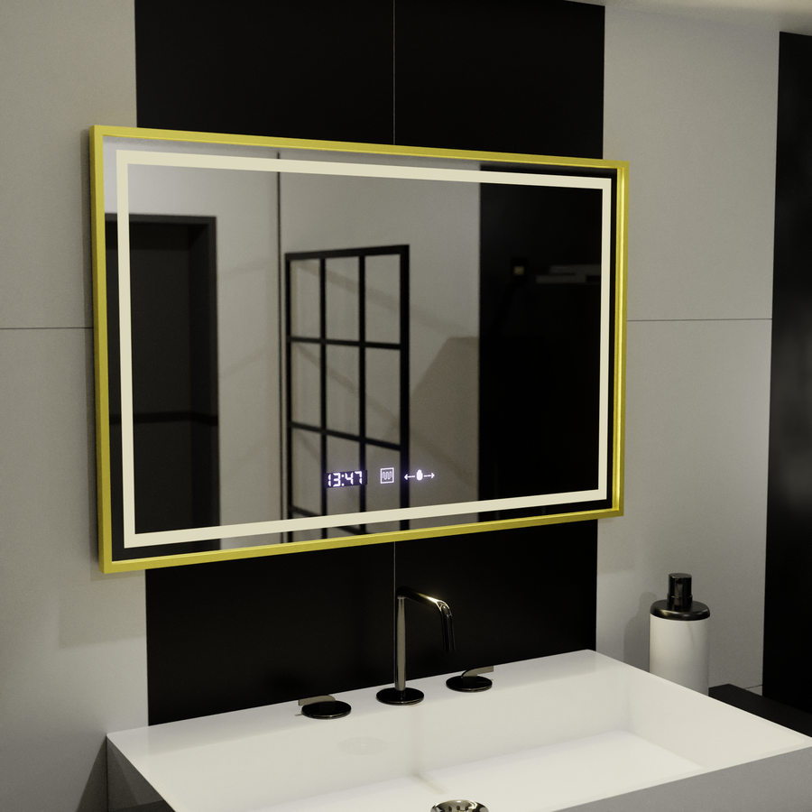 Specchio rettangolare a LED, 100x65 cm, Verite Royale Gold Motion Glow Marcello, sistema di disappannamento, orologio e termometro, specchi dimmerabili Marcello Titolo predefinito Alessandro Design