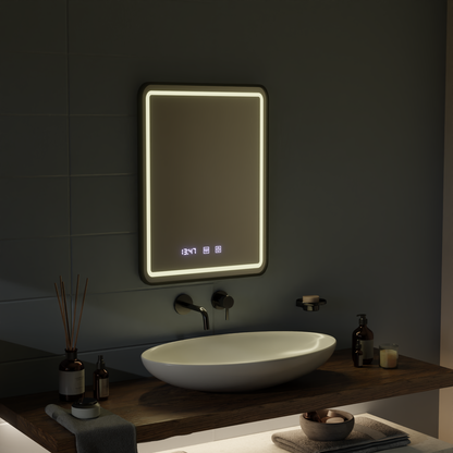 Specchio LED Touch LUCIDA Sistema Disappannante, Orologio e Temperatura Cornice 60x80 cm Specchi Nero Spazzolato Korman S Titolo predefinito Alessandro Design