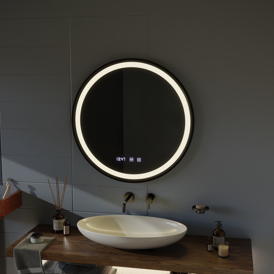Specchio Touch LED NOVARA Sistema Antiappannamento, Orologio e Temperatura 50 cm Cornice Nera Specchi Spazzolati Korman S Titolo predefinito Alessandro Design