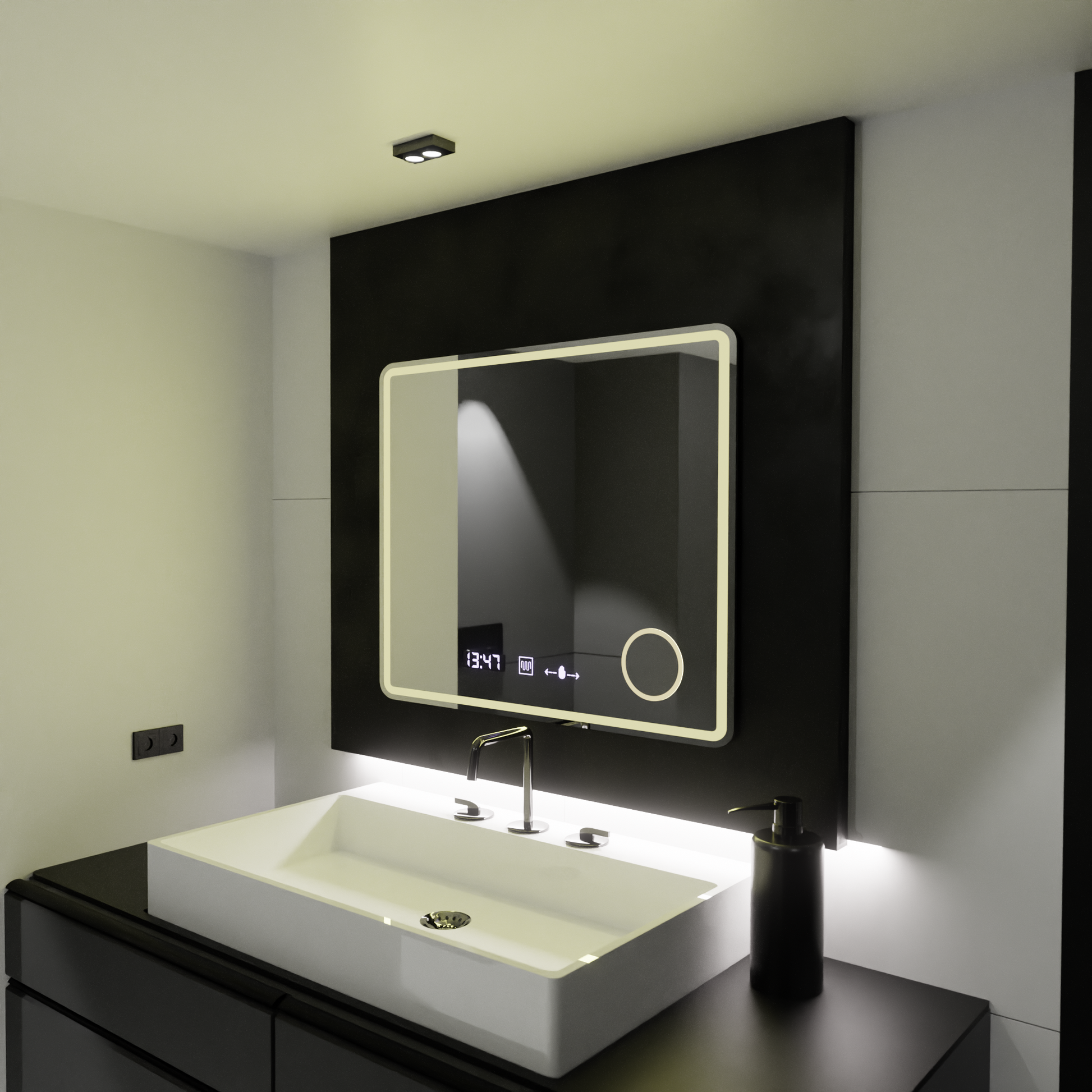 Specchio rettangolare a LED, 80x60 cm, Riflesso MotionGlow Marcello, sistema antiappannamento, orologio e termometro, lente d'ingrandimento cosmetica, Specchi Marcello dimmerabili Titolo predefinito Alessandro Design