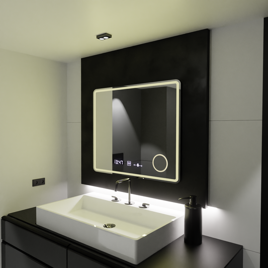 Specchio rettangolare a LED, 80x60 cm, Riflesso MotionGlow Marcello, sistema antiappannamento, orologio e termometro, lente d'ingrandimento cosmetica, Specchi Marcello dimmerabili Titolo predefinito Alessandro Design