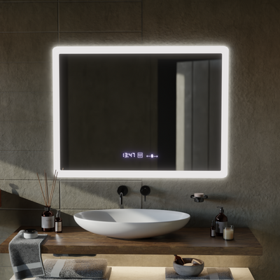 Specchio LED rettangolare, 80x60 cm, sensore ELANCEE MotionGlow Marcello, sistema antiappannamento, orologio e termometro, dimmerabile