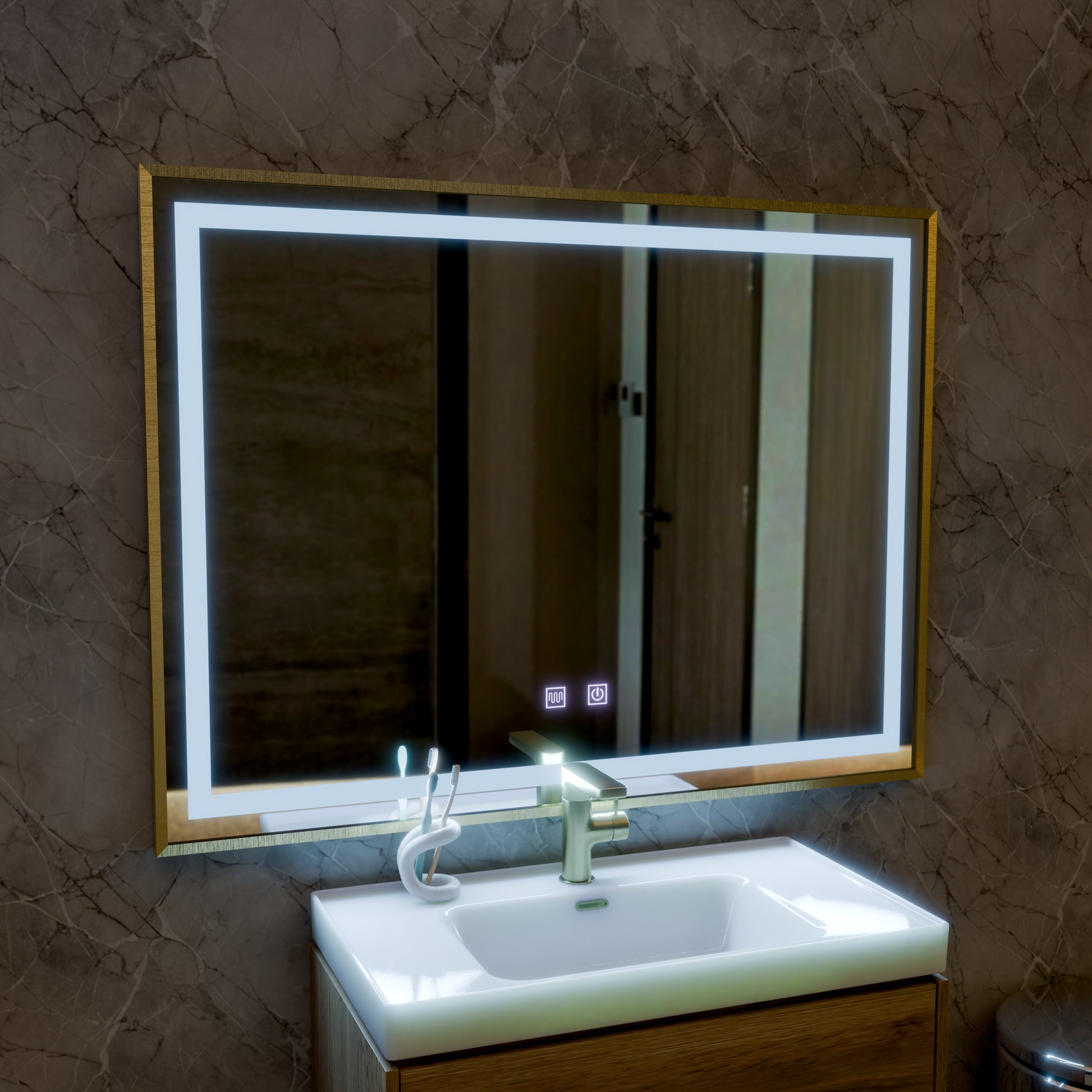 Specchio RAYNA Touch LED, 80x60 cm, funzione Demist, cornice oro spazzolato Specchi Korman E Titolo predefinito Alessandro Design
