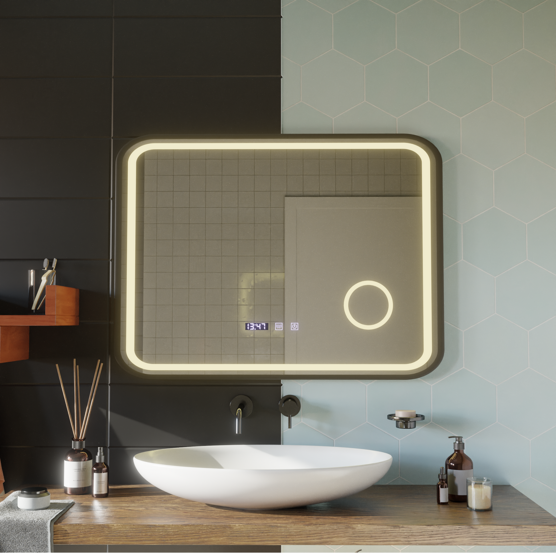 Specchio LED Touch Bernd Sistema antiappannamento, orologio e temperatura 80x60 cm Cornice nera Specchi ingranditori cosmetici spazzolati Korman S Titolo predefinito Alessandro Design